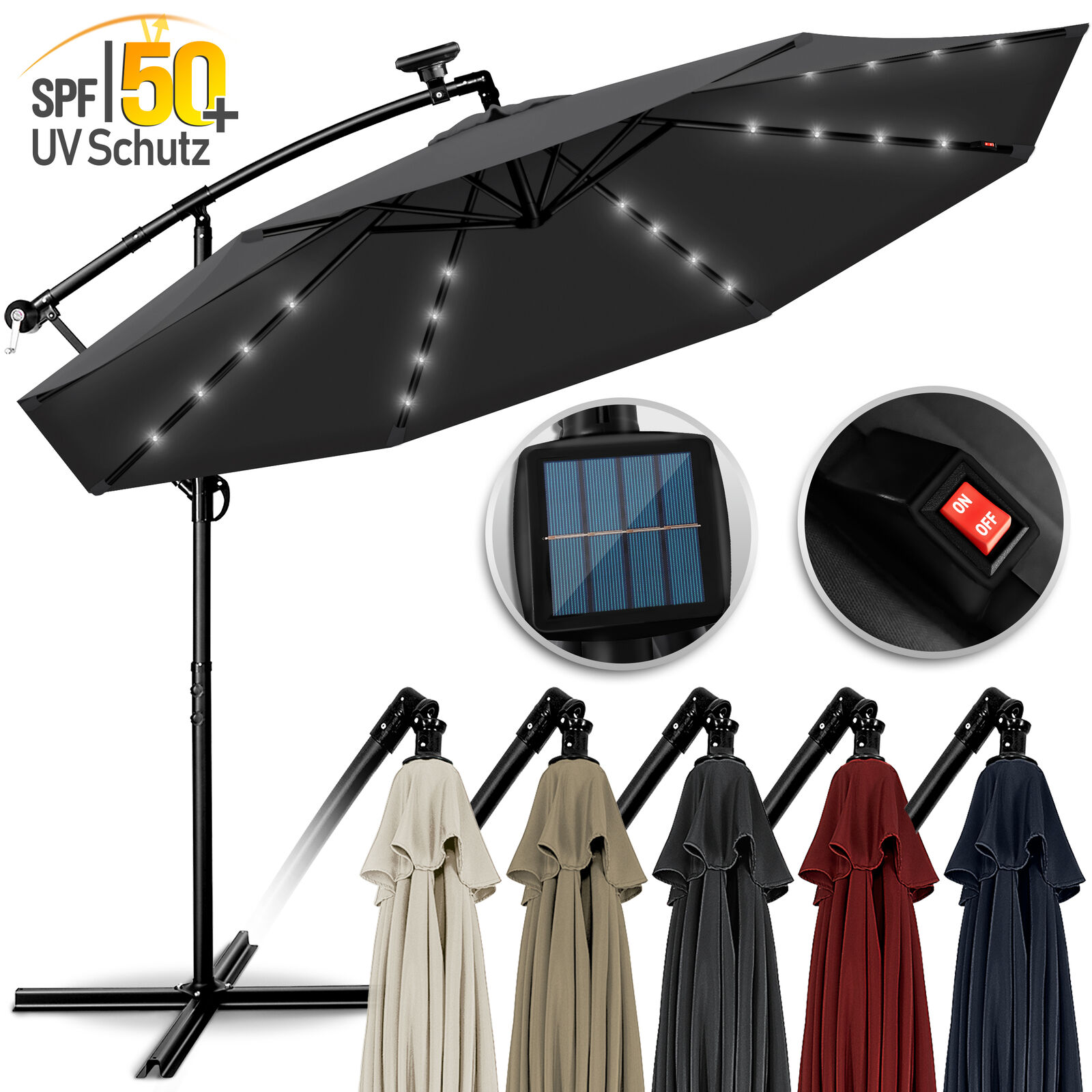 tillvex® Sonnenschirm LED Solar Ø 3m Alu Ampelschirm Balkon Garten mit