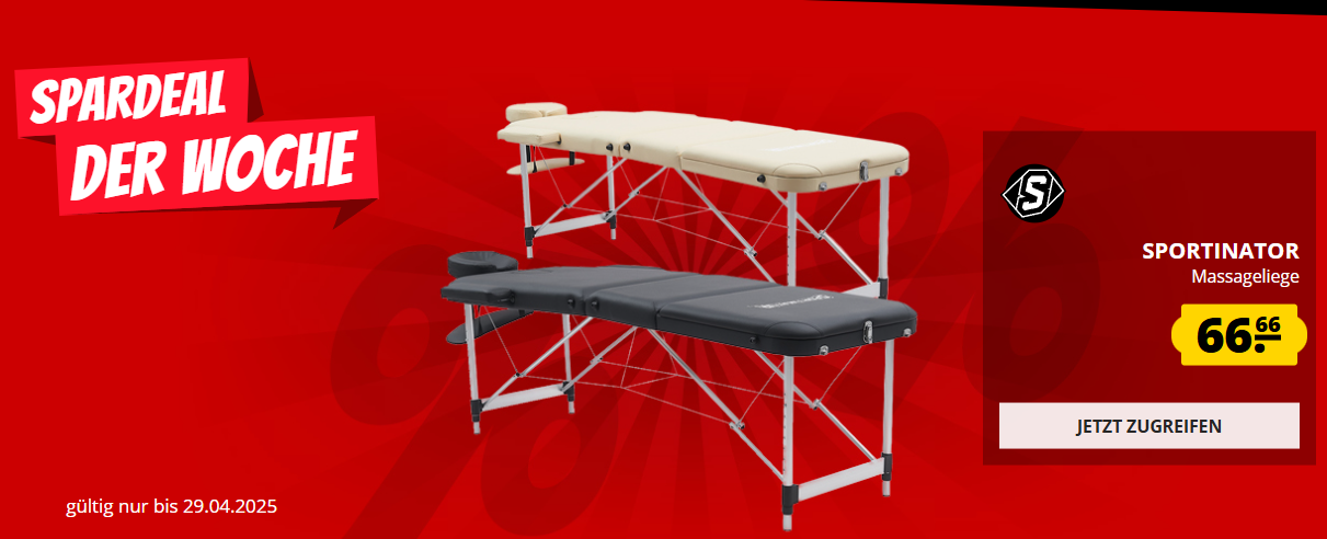 Spardeal der Woche bei SportSpar – SPORTINATOR Premium 3 Zonen Massageliege für 66,66€ inkl. Versand!