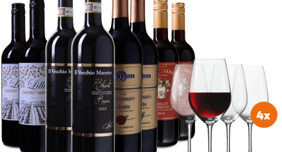 8 Flaschen: Wein Probierpaket Italien + 4 Gläser für 69,99€