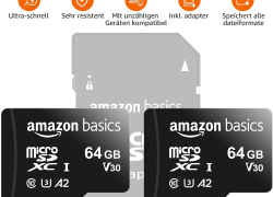 Amazon Basics MicroSDXC, mit SD Adapter, A2, U3, Lesegeschwindigkeit bis zu 100 MB/s, 64 GB (2 Stück), Schwarz mit 27% Rabatt!