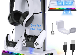 MENEEA Ladeständer Stand für New PS5 Slim mit Lüfter, Station für DualSense/Edge Controller mit RGB Licht, Headset Hook.3 USB Hubs, Kühler für Playstation 5 Slim Disc& Digital Edition Konsole mit 15% Rabatt inkl. Versand!
