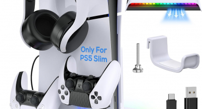 MENEEA Ladeständer Stand für New PS5 Slim mit Lüfter, Station für DualSense/Edge Controller mit RGB Licht, Headset Hook.3 USB Hubs, Kühler für Playstation 5 Slim Disc& Digital Edition Konsole mit 15% Rabatt inkl. Versand!