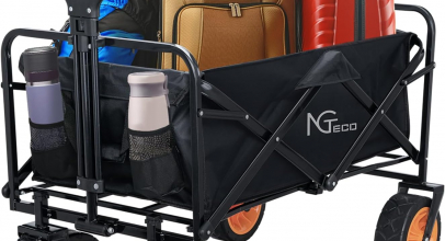 NGTeco Bollerwagen mit Vorderrad-Bremse und 2 Seitentaschen, Getränkehalter, faltbar, 110kg Belastbarkeit, verstellbarer Griff mit 25% Rabatt inkl. Versand!