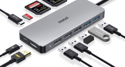 iTAKAT (11-in-1) USB-C-Hub, 4K-USB-C-zu-HDMI-Adapter, 3 SD/MicroSD-Kartenleser, 5 USB 3.0/2.0-Anschlüsse mit 87 W für 29,99€