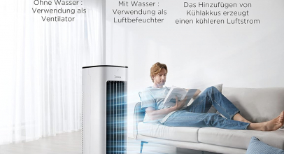 Midea Luftkühler mit Wasserkühlung, Klimaanlage Mobil, Ventilator mit 5L Wasserkühlung, Luftbefeuchter und Ionisation, Klimaanlage Ohne Abluftschlauch, 355m³/h, Ventilator mit Fernbedienung,55W,Weiß mit 30% Rabatt!