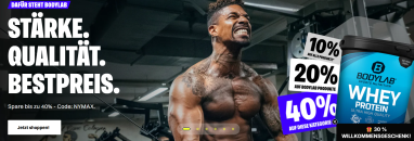 Bodylab24 – 40% Rabatt auf Whey ausgewählte Produkte + 20% Rabatt auf Bodylab Produkte +10% Rabatt auf ALLES!