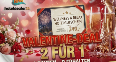♥ Happy Valentine ♥ 2 für 1 DEAL – 2 x Wellness Hotelgutschein – 20.000 Hotels für 39,99€ inkl. Versand!