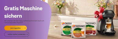 TASSIMO Vielfaltspaket – bestehend aus 10 Packungen + Happy Maschine GRATIS + 20€ Coupons für 69,90€ inkl. Versand!