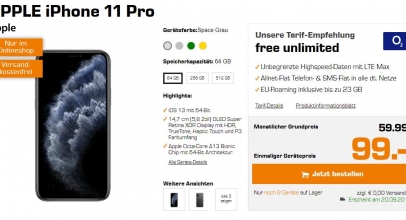 Apple iPhone 11 Pro inkl. Telefon & SMS Flat + unbegrenzt LTE Max für 59,99€/Monat