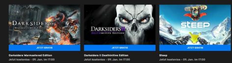 3 kostenlose Epic-Games; „Steep“ – „Darksiders Warmastered Edition“ – „Darksiders II Deathinitive Edition“ (bis 09.01.2020 17:00 Uhr)