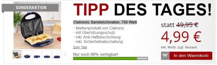 Druckerzubehoer: Clatronic Sandwichmaker, 750 Watt + 2 Gratisartikel für 4,99€