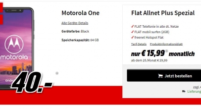 Motorola One inkl. MD Vodafone Allnet-Flat PLUS Spezial mit 2GB für 15,99€/Monat