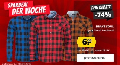 Sportspar: BRAVE SOUL Herren Karo Hemd für 6,66€
