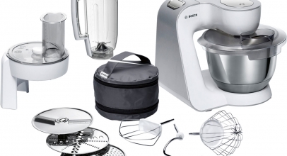 Bosch CreationLine MUM58W20 Küchenmaschine mit Durchlaufschnitzler und Mixer-Aufsatz (1.000 Watt) – Weiß / Silber für 195€