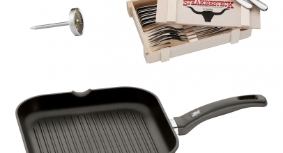 WMF 14-tlg. Steakbesteck in Holzkiste, Grillpfanne & Steakthermometer für 69,95€ inkl. Versand