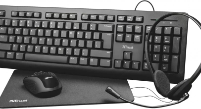 Trust Primo Tastatur-Maus-Mauspad-Kopfhörer Büro Deskset Home Office Set Schwarz für 9,99€ inkl. Versand!