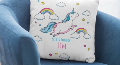 Kissen mit Namen personalisiert – Einhorn – 40 x 40 cm weiss für 19,99€ inkl. Versand!