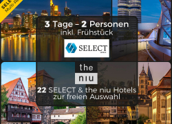 MULTI Reisegutschein 2 Personen – 3 Tage 22 SELECT & the niu Hotels 18 Städte nach Wahl für 129,-€ inkl. Versand!