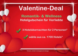 *WOW* Valentine Romantik Hotel Gutschein für 2 Personen, ca. 1.700 Hotels bis 5* n. Wahl für 44,99€ inkl. Versand!
