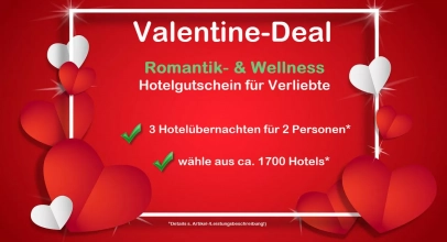 *WOW* Valentine Romantik Hotel Gutschein für 2 Personen, ca. 1.700 Hotels bis 5* n. Wahl für 44,99€ inkl. Versand!