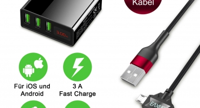 3 Port USB Schnellladegerät + 3in1 Daten-Ladekabel 3A Micro USB C für 12,99€ inkl. Versand!