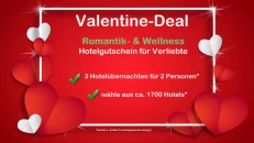 *WOW* Valentine Romantik Hotel Gutschein für 2 Personen, ca. 1.700 Hotels bis 5* n. Wahl für 44,99€ inkl. Versand!