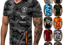 Ozonee Herren T-Shirt Kurzarm Shirt Camouflage V-Ausschnitt Slim für 9,45€ inkl. Versand